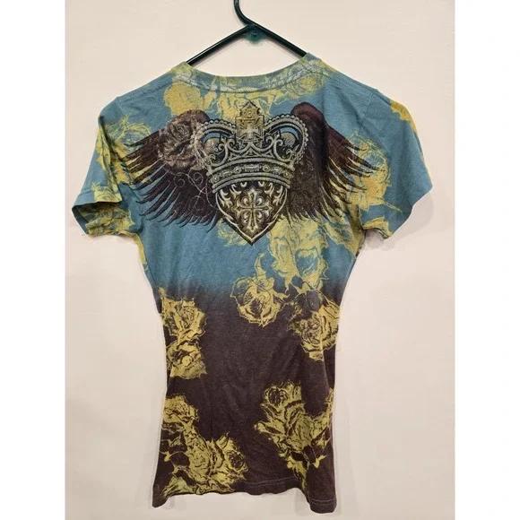 Women's Y2K Affliction Sinful Burnout Rhinestone Grunge Wing Cross Large READ - Picture 4 of 8